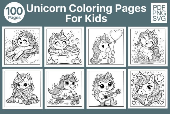 100 Unicorn Coloring Pages Graphics for Editorial Use