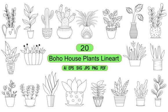 Boho House Plants Lineart Graphic