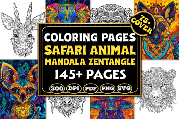Safari Animal Mandala Zentangle Coloring Pages Graphics